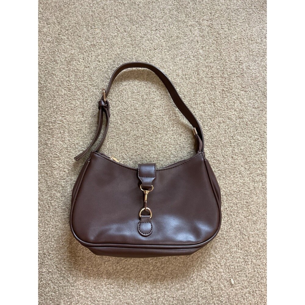 Brown Small Crescent Shoulder Bag Zip Closure Adjustable Strap Gold Hardware